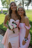 Elegant Pink Sweetheart Neck Mermaid Slit Satin Formal Prom Dress Evening Gown HZ1024