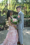 Elegant Pink A-line Strap Slit Layered Shiny Ball Gown Evening Dress HZ1024