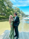 Simple Soft Satin Green Mermaid Off-the-shoulder High Slit Ball Gown Evening Dress HZ1024