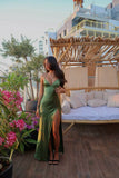 Simple Soft Satin Green Mermaid Off-the-shoulder High Slit Ball Gown Evening Dress HZ1024