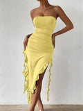 Simple White Mermaid Off-shoulder Strapless Slit Ruffled Ball Gown Evening Dress HZ1024