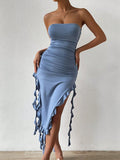 Simple White Mermaid Off-shoulder Strapless Slit Ruffled Ball Gown Evening Dress HZ1024