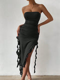 Simple White Mermaid Off-shoulder Strapless Slit Ruffled Ball Gown Evening Dress HZ1024