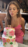 Pink A-line Spaghetti Strap Sleeveless Printed Chiffon Birthday Party Dress Prom Dress HZ1024