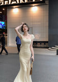 Elegant Light Yellow Mermaid Short Sleeve Chiffon Ankle-Length Dress Ball Gown HZ1024