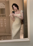 Elegant Light Yellow Mermaid Short Sleeve Chiffon Ankle-Length Dress Ball Gown HZ1024