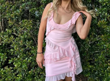 Sexy Pink Two Piece Low Cut Chiffon Ruffle Party Dress Homecoming Dress HZ1024