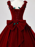 Burgundy Velvet Long Prom Dress with Flower, Beautiful A-Line Formal Party Dress HZ1024