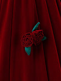 Burgundy Velvet Long Prom Dress with Flower, Beautiful A-Line Formal Party Dress HZ1024