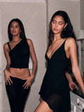 Sexy Black Strap Deep V Neck Chiffon Mini Ball Gown Evening Dress HZ1024