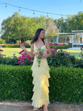 Simple Yellow A-line Strap V-neck Chiffon Layered Ball Gown Evening Dress HZ1024