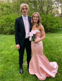 Elegant Pink Mermaid Satin Strapless Long Ball Gown Bridesmaid Dress HZ1024