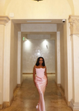 Elegant Mermaid Pink Strapless Satin Long Ball Gown Evening Dress HZ1024