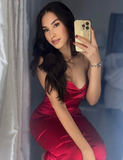 Sexy Red Strapless Low Neck Tea Length Mermaid Ball Gown Evening Dress HZ1024