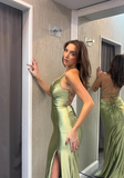 Simple satin V-neck halter neck open back slit mermaid ball gown evening dress HZ1024