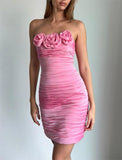 Off-the-shoulder Sleeveless Pink 3D Flower Pleated Mini Ball Gown Evening Dress HZ1024