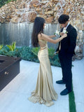 Elegant Champagne Straps Sweetheart Neck Backless Satin Formal Long Prom Dress Bridesmaid Dress HZ1024