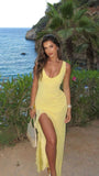 Elegant light yellow strap V-neck slit prom dress evening dress HZ1024