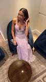 Sparkling Purple Straps V Neck Sequin Floor Length Prom Dress Bridesmaid Dress HZ1024