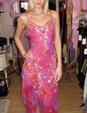 Spaghetti Strap Pink Sleeveless Floral Chiffon Ball Gown Party Dress HZ1024