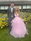 Elegant Pink A-line Spaghetti Strap Backless Layered Tulle Long Ball Gown Bridesmaid Dress HZ1024