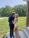 Shiny Gold Spaghetti Strap Sleeveless High Slit Floor Length Ball Gown Bridesmaid Dress HZ1024