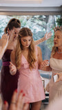 Sweet Pink Strap Deep V Neck Bow Sleeveless Mini Party Dress Homecoming Dress HZ1024