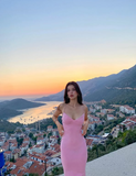 Mermaid Spaghetti Strap Simple Pink Sleeveless Long Prom Dress Evening Dress HZ1024