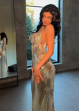 Shiny Gold Spaghetti Strap Sleeveless Low Cut Backless Mermaid Long Prom Dress Evening Dress HZ1024
