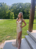 Shiny Gold V-neck Sleeveless Slit Neck Floor-length Prom Dress Bridesmaid Dress HZ1024