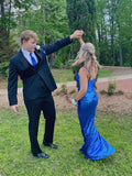 Classic Sapphire Blue Spaghetti Strap Slit Train Prom Dress Bridesmaid Dress HZ1024