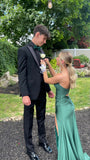 Simple One Shoulder Green Satin High Slit Mermaid Prom Dress Bridesmaid Dress HZ1024