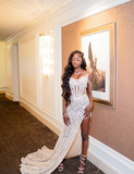 Sexy White Off Shoulder High Slit Sequined Trailing Prom Dress Evening Dress HZ1024