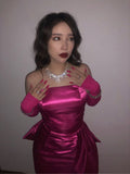 Sweet Hot Pink Strapless Satin Bow Short Party Dress Homecoming Dress Sleeveless HZ1024