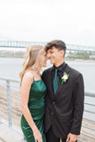 Chic Green Satin Strapless Slit Long Prom Dress Bridesmaid Dress HZ1024