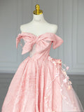 Sweet Pink Off-Shoulder Bow A-Line Prom Dress Evening Gown HZ1024