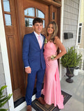 Elegant Pink Backless Sleeveless Mermaid Satin Long Prom Dress Bridesmaid Dress HZ1024