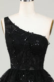 Gorgeous Black One-shoulder Appliques Tulle Design A-line Homecoming Dress HZ1024