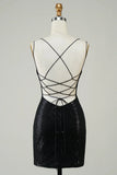 Charming Black Sequin Butterfly Pattern Design A-line Lace-up Spaghetti Strap Homecoming Dress HZ1024