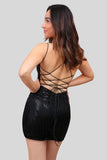 Charming Black Sequin Butterfly Pattern Design A-line Lace-up Spaghetti Strap Homecoming Dress HZ1024
