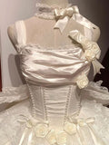 Vintage Beige 3D Flower Bow Design Lace Tulle Tiered Homecoming Dress HZ1024