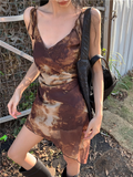 New Fashion Brown Irregular Hem Design A-line V-neck Spaghetti Strap Dress HZ1024