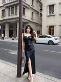 Simple Black Split Dress Design A-line Sleeveless Spaghetti Strap Leather Dress HZ1024
