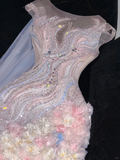 Gorgeous Sparkling Beaded Sequin Mermaid 3D Flowers Design Tulle Evening Dress Prom Dresses HZ1024