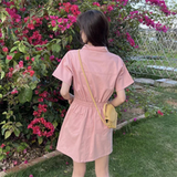 Simple Casual Short Sleeve Button-front Denim Dress HZ1024