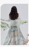 Vintage Fashion Floral Print Design Long-sleeved Cardigan A-line Long Spaghetti Strap Dress HZ1024