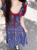 Vintage Navy Blue A-Line Prom Dress Floral Short-sleeve Evening Dress Long Formal Dress HZ1024
