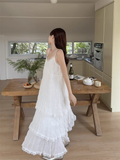 Simple Fashion White V-neck Design Lace A-line Spaghetti Strap Tiered Dress HZ1024