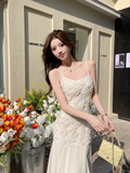Simple White Three-dimensional Rose Embroidery Design Mermaid Sleeveless Spaghetti Strap Dress HZ1024