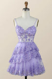 Vintage Purple Sequined Design A-line Spaghetti Strap Tiered Homecoming Dress HZ1024